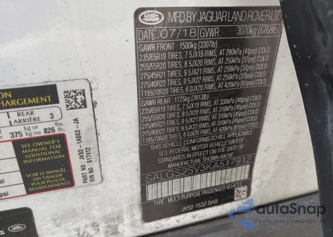 2019 Land Rover Range Rover 3.0L V6 Supercharged Hse z USA, uszkodzony, nr VIN SALGS2SV3KA517912